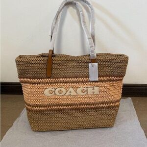 NWT COACH Straw and smooth leather City Tote Bag CBG87 Im/Honey Brown Multi